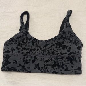 Lulu Lemon sports bra in black and gray floral